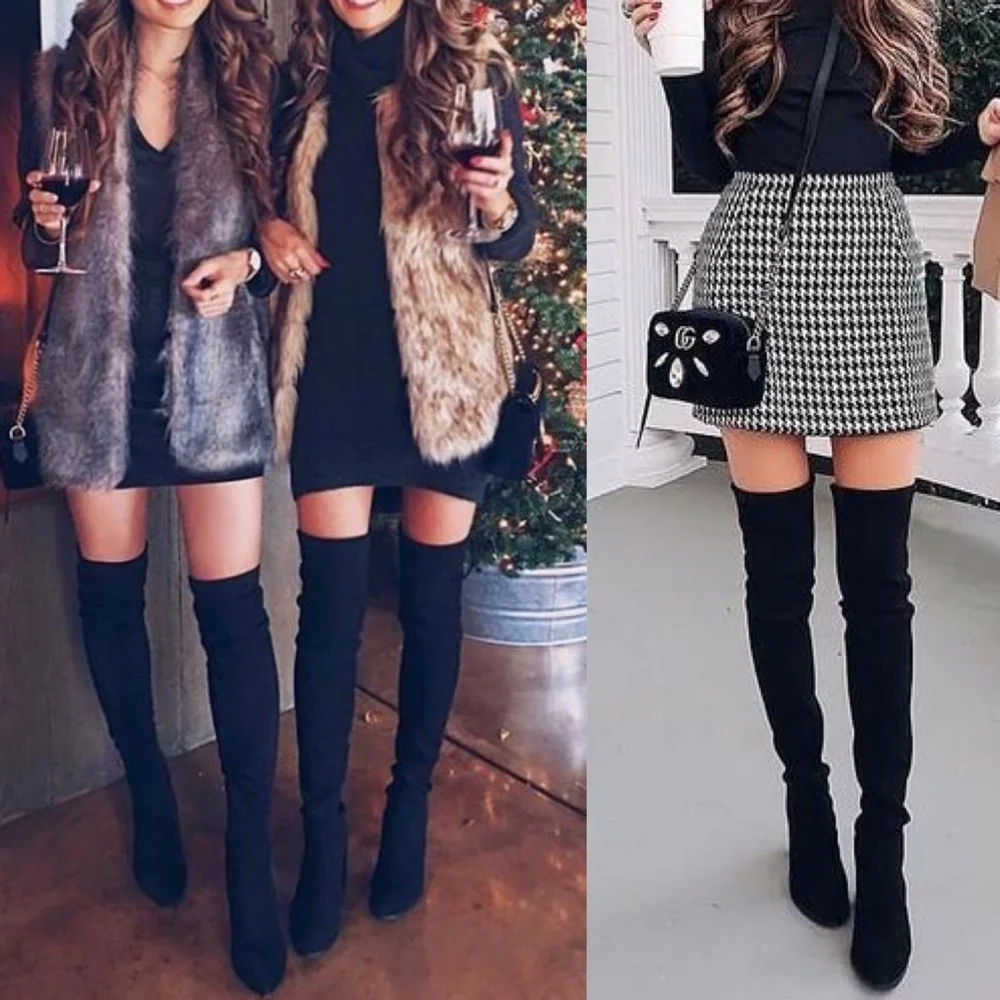 #52 Luxe Black Vegan Suede Lace up Over the Knee Boots - Picture 5 of 5